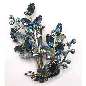 Vintage Brooch Pressed Glass, Rhinestone Blue Aurora Borealis, Silver Judy Lee?